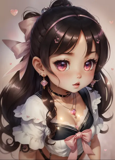 ((masterpiece)), ((best quality)), (ultra-detailed), ((kawaii)), cute, (lovely), anime style, pencil drawing, watercolor pencil, chibi, dynamic angle, look down from above, focus on the face, school, a little girl, child, solo, sailor suit, beautiful black...