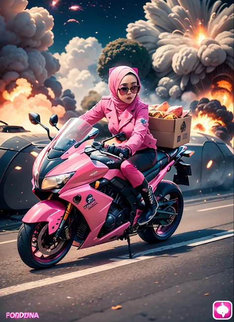 Slim and Medium breasted malay woman in hijab with pink jacket, pink food delivery motorcycle, foodpanda delivery, panda emblem at delivery box, pink delivery box, sunglasses, sci-fi, with gun, explosions behind, lot of explosion, dramatic scene, movie pos...