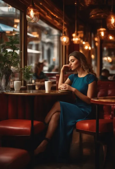 realistic image of a girl sitting in a cafe