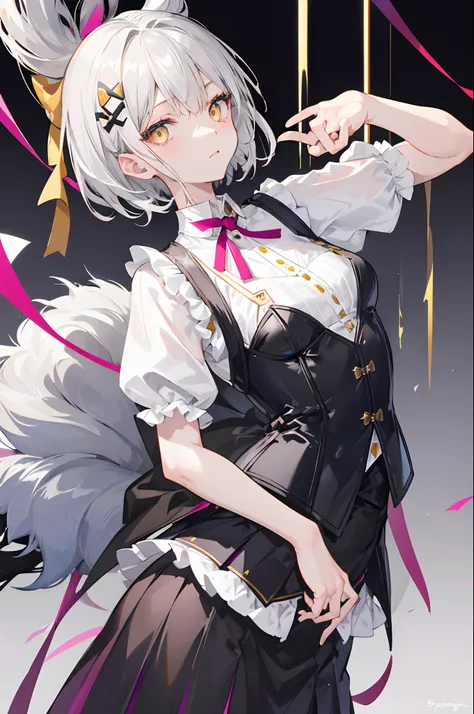 Girls, gray-haired, short-haired, yellow-eyed, small breasts, cat hair ornament, sidelocks, gray-haired, shiny hair, uniform, (golden eyes: 1.2), (two long triangular extensions on the skirt, vest corset on the stomach), white buttons of the vest corset, (...