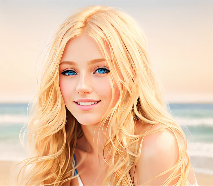 blonde woman with blue eyes and long hair on the beach, beautiful portrait photo, airbrush digital oil painting, beautiful portrait image, beautiful blonde girl, realistic portrait photo, beautiful portrait lighting, a girl with blonde hair, high quality p...