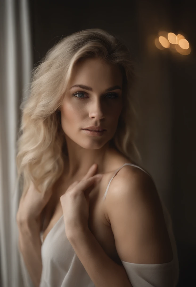 Woman with long blonde hair and muscular body and white bra looking at the camera, blonde and attractive features, Swedish blonde woman, Femme blonde, A photograph of a beautiful woman, seductive woman, Jeune femme blonde, belle femme blonde, une fille aux...