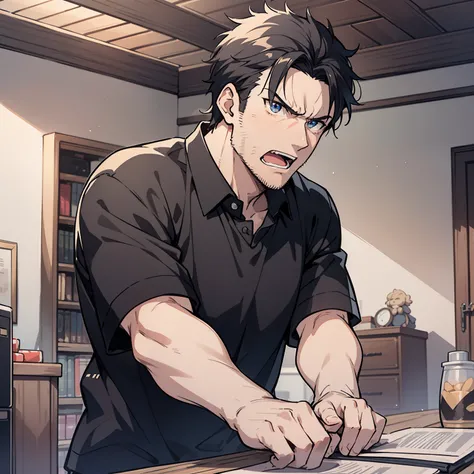 A middle-aged uncle，black color hair，wearing a black top，Standing in the room with an angry expression（Open mouth 1.5）（Rage 1.5）（The background is in the room in the village：1.5），Anime style 4K，Anime rendering，style of anime，8K fineness，（Upper body display...