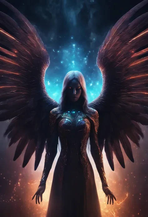 Cosmic Fallen Angel, glowing light eyes, Biomechanical, eerie, Creepy, nightmarish, Very bright colors, Light particles, with light glowing, Mshiff, wallpaper art, UHD wallpaper