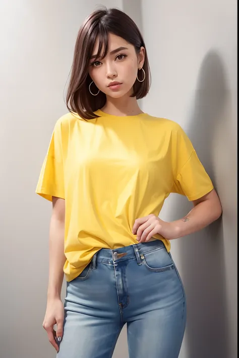 1 girl, Beautiful vintage color, watching viewer (swollen eyes)), instagram (Photorealistic, High Resolution: 1.4), Conspicuous (Plain yellow t-shirt), full - body (8K, RAW photo, Best Quality, Masterpiece: 1.2), (Realistic, Photorealistic): 1.37), Profess...