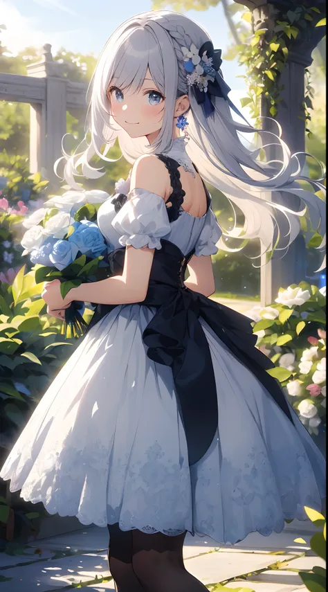 (tmasterpiece、top-quality、illustratio、Extremely high quality、high-level image quality、Extremely sensitive writing)White-haired girl standing in beautiful garden、A slight smile、She has a large bouquet、Cute national costume style dress，There are ruffles on t...