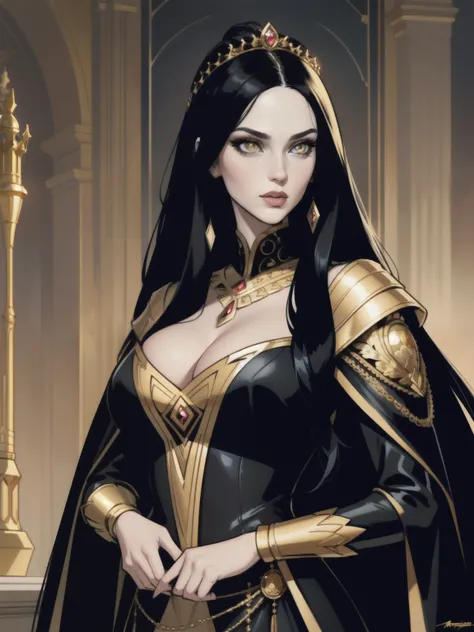 Comic Book Style Portrait of a tall, pale Queen, with long black Hair, golden eyes, Royal attire, elegant dress, sorceress, perfect composition, hyper-detailed, 8K, high quality, perfect eyes, trending art, trending on artstation, sharp focus, studio photo...