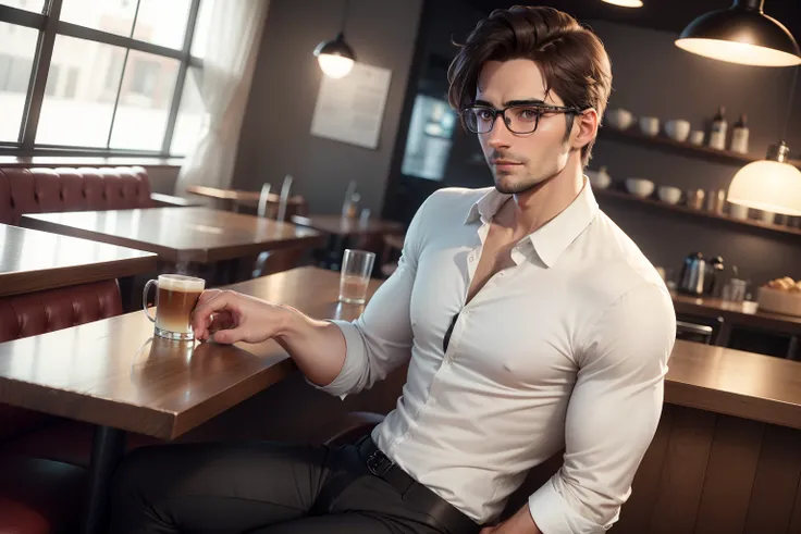 Ultra realistic 8k image of a slim 30 year old man, short brown hair, wearing glasses, dressed in a white button-up shirt and black pants, in a cafe, handsome, attractive, European