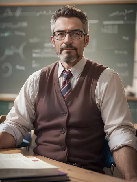 In the classroom，A professor of mathematics，Portrait of a male teacher aged 40，Real Photographics