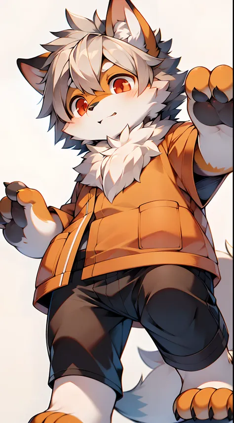 eyes with brightness，in a panoramic view，Character focus，独奏，shaggy，shaggy male，malefocus，（Full body fur，Fluffy tail，Off-white fur，Orange-red eyes，Gray hair，Orange coat，grey shorts：1.2）Background Grassland，Run on the steppe (simplebackground:2.0)