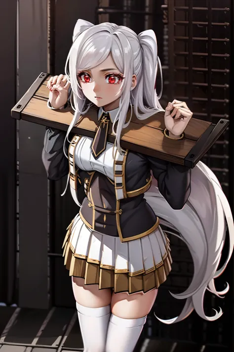 pillory,1girl hair ornament
necktie white skirt uniform white thighhighs,white hair,red eyes