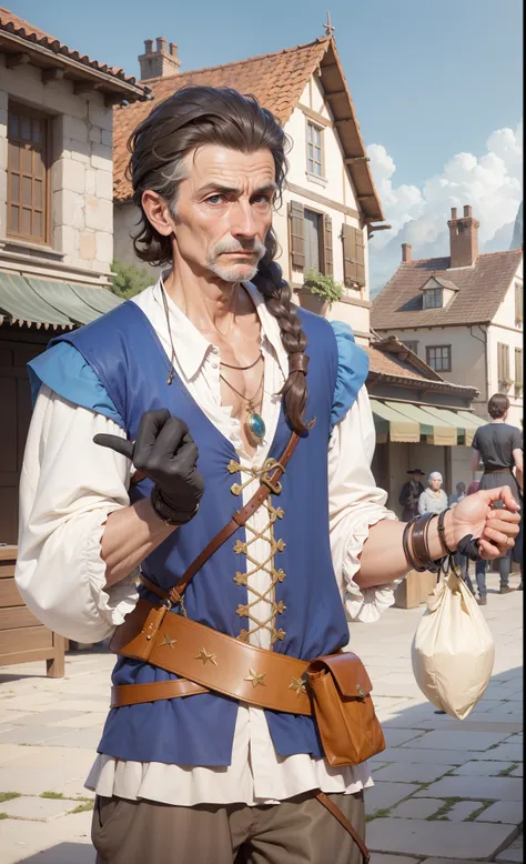 Merchant, holding a bag with the hand on the right, Middle-aged, man, examining a jewel, European, 16th century, renaissance, age of exploration, age of 55, old, thin, delicate, passersby face, npc face, mediocre,Featureless, not impressive