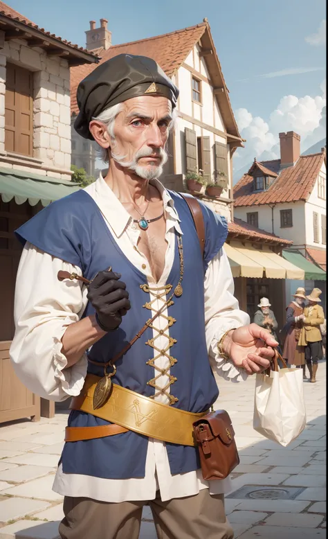 Merchant, holding a bag with the hand on the right, Middle-aged, man, examining a jewel, European, 16th century, renaissance, age of exploration, age of 55, old, thin, delicate, passersby face, npc face, mediocre,Featureless, not impressive