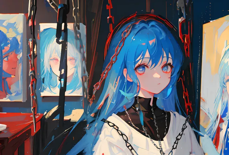 1 girl, upper body, light blue hair, red eyes, blood, chains, dim light, indoors, paintings, portraits