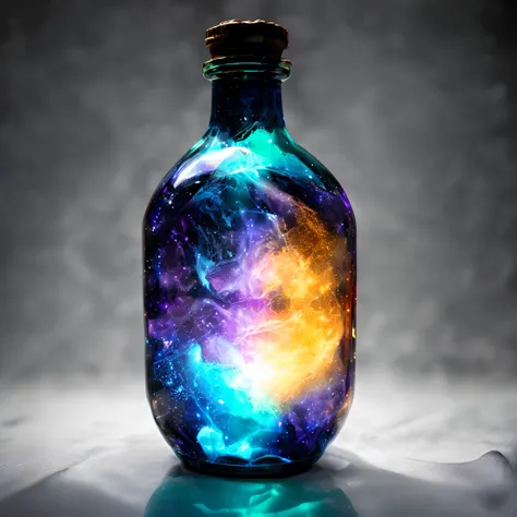 (galaxy in bottle:1.2), one empty bottle on table, gray wall on background, (yellow light on background:0.6), low angle, (intric...