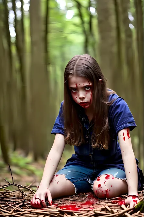 10 year old teenage girl in the forest covered in blood horror movie