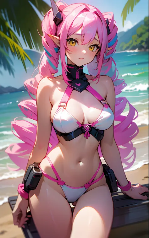 18 year old girl、Pink hair, twin drills, Yellow eyes, pointy ears, Undersized breasts, White Bikini, Illustrations, Ultra-detailed, Vibrant colors, landscape of a beach, Soft lighting, summer feel