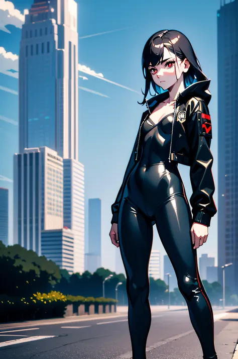 (masterpiece), best quality, expressive eyes, perfect face, secre swallowtail, small tits, small body, red eyes, flat tits,cyberpunk black outfit, cyberpunk outfit, futuristic black jacket, highly detailed, legs, glossy skin, (natural light), black tight p...