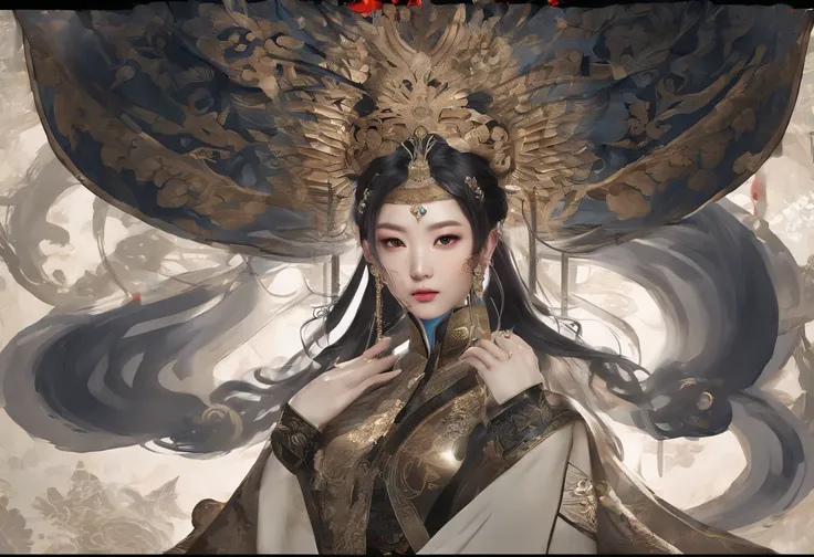 Feng Shen List，tmasterpiece，ultra fine photos，，best qualtiy，超高分辨率，Photoreality，Chiaroscuro，（full-body portraits），stunningly beautiful，dynamicposes，delicated face，Bigchest，Murderous eyes，（seen from the side），She wears gold ancient Chinese armor，very highly ...