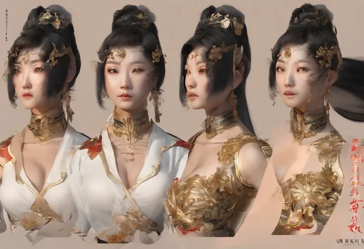 Feng Shen List，tmasterpiece，ultra fine photos，，best qualtiy，超高分辨率，Photoreality，Chiaroscuro，（full-body portraits），stunningly beautiful，dynamicposes，delicated face，Bigchest，Murderous eyes，（seen from the side），She wears gold ancient Chinese armor，very highly ...