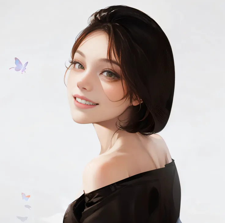 Pretty girl, (orange hair:1), (long hair) ((smille)), Beautyful smile,  young girl, dreaming garden on the back ground, ((flower: 1)), ((Butterfly: 1)), (( dreaming garden : 0.7), off the shoulder dress, black dress, ((look at the viewer))