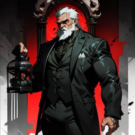 old man, bara,thick body, slightly fat,ornate suit,white beard,handsome, sharp gaze, in cage,red eyes, big bulge