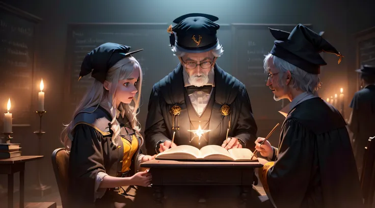 (Professors and students:1.4) in a school of magic, un vieux professeur (cheveux blanc, Long manteau noir et jaune) teaches young sorcerer students (en cape noir et chapeau pointu), la magie. des follet bleue, Wand in hand spells come out of students wands...