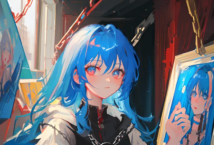 1 girl, upper body, light blue hair, red eyes, blood, chains, dim light, indoors, paintings, portraits