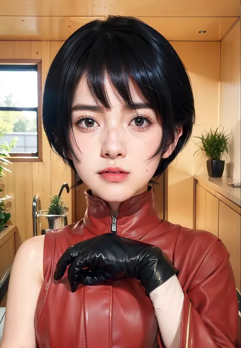 Real-life adaptation of this character,Her name is Kurotsuchi from Anime Bolt ,Hyper realistic ,Detailed short black hair , High resolution, Photorealistic,Very detailed,realistic outfit,Cute face of Japan teen ,detailed glowing eyes,Wearing black leather ...