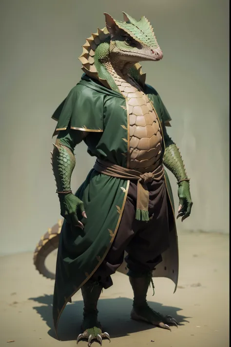 pangolin, The Lizard Cannibal , humanoid, Furry, inhabitant, frontal view, stands, Residents clothes, green lizard skin, Medieval clothes of the inhabitant, dressed in the clothes of a resident, Background of neglect