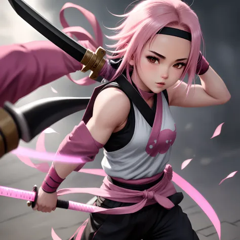 Shinobi, pink, anime, sleeveless, girl, black pants, sword