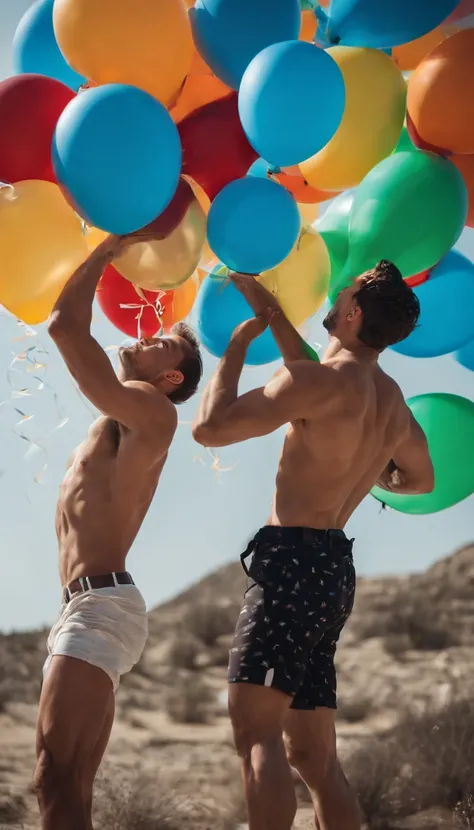 (high quality, stunning photography), two handsome muscular men with tiny waists wearing white jockstraps,  back men, kissing, floating into a clear blue sky while holding a bunch of balloons in one hand.