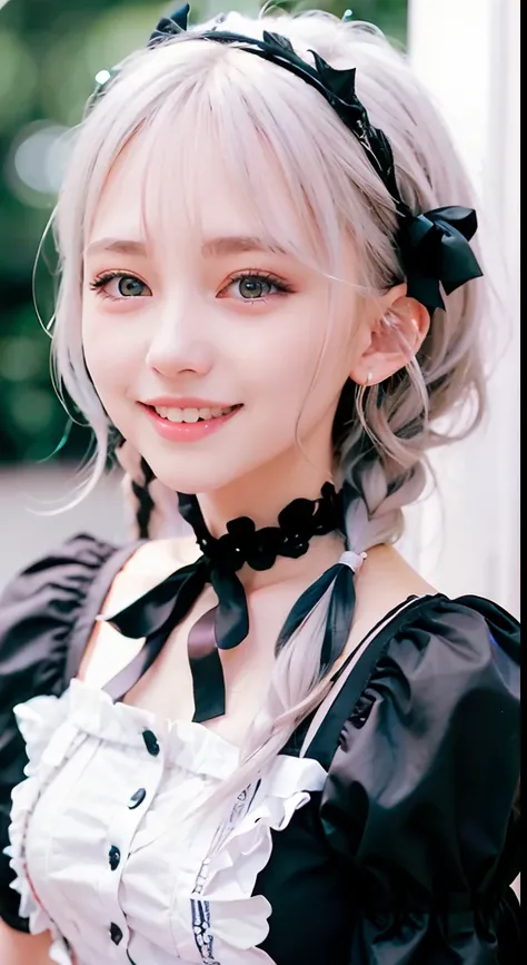 (ultra-detailliert), Cute princess dresses in black color,(frilly dress),(shortsleeves),Blue eyes,The upper part of the body、a closeup、faces、(A smile:1.5),(facing front:1.2), 20yr old, teens girl,no tail,(no tail),2D, ​masterpiece, top-quality, animesque, ...