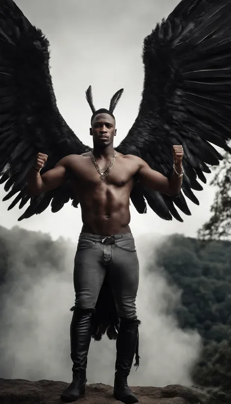 a beautiful handsome black man, muscular, naked, large white feathers drifting down, winged arms, a fallen angel, full body image, low angle view