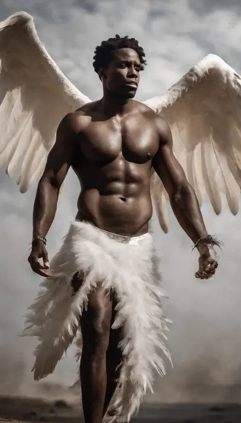 a beautiful handsome black man, muscular, naked, large white feathers drifting down, winged arms, a fallen angel, full body image, low angle view