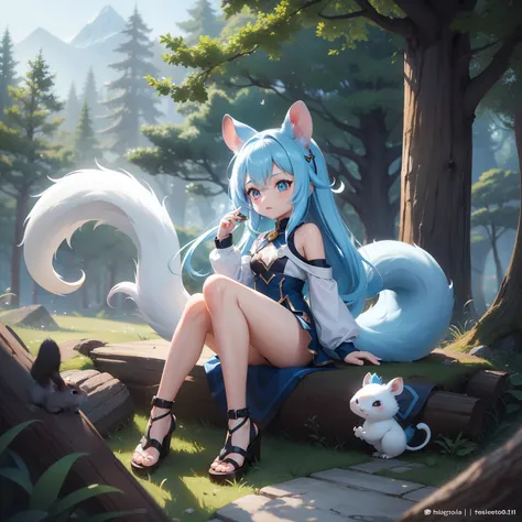 There is a small white squirrel with an acorn in his hand,  Chibichara　A cute girl with blue hair is also with me。It is a cute costume in white and blue。Dark eyes。cute forest creature, Adorable Digital Painting, cute detailed digital art, the squirrel king...