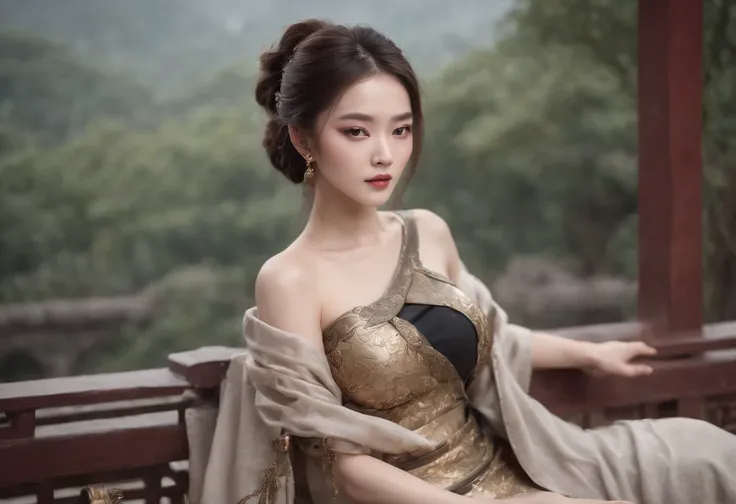 Feng Shen List，tmasterpiece，ultra fine photos，，best qualtiy，超高分辨率，Photoreality，Chiaroscuro，（full-body portraits），stunningly beautiful，dynamicposes，delicated face，Bigchest，Murderous eyes，（seen from the side），She wears gold ancient Chinese armor，very highly ...