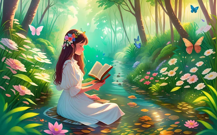 Woman in white dress reading book by the water, a small river in the forest, flowers, butterflies, rainbow, half body, illustration style --auto --s2