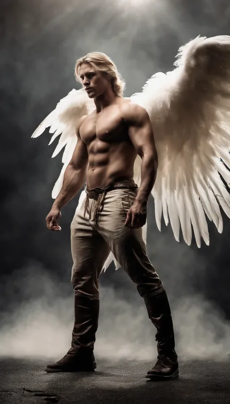 a beautiful handsome blonde man, muscular, naked, large white feathers drifting down, winged arms, a fallen angel, full body image, low angle view