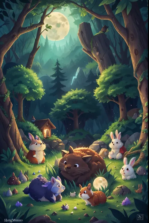 an enchanted forest, The full moon rises behind the mountains, Rabbits and hedgehogs sit watching the moon