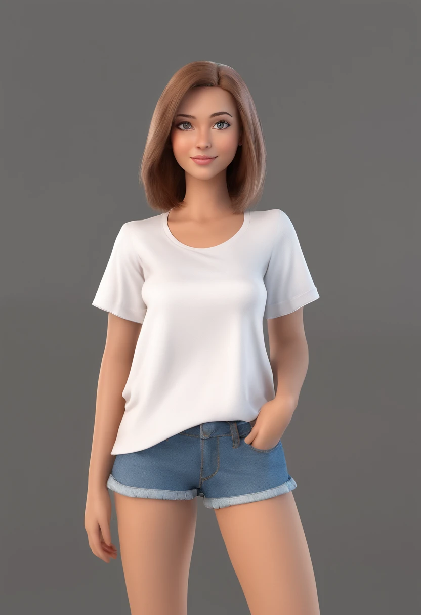 Full body of woman in white t-shirt and denim shorts