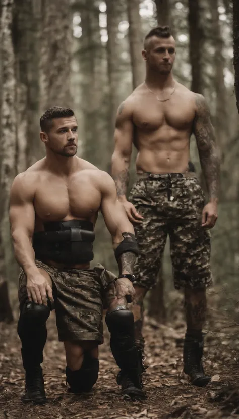 Two handsome muscular tattooed naked men, one black, one with short blonde hair, wearing tiny camouflage jockstraps and boots, hiding in the forest at night, full body image, seen from a low angle