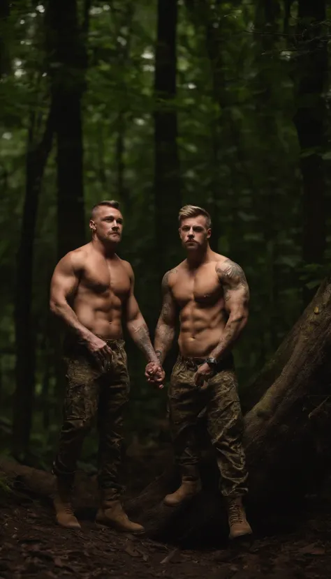 Two handsome muscular tattooed naked men, one black, one with short blonde hair, wearing tiny camouflage jockstraps and boots, hiding in the forest at night, full body image, seen from a low angle