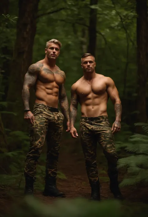 Two handsome muscular tattooed naked men, one black, one with short blonde hair, wearing tiny camouflage jockstraps and boots, hiding in the forest at night, full body image, seen from a low angle