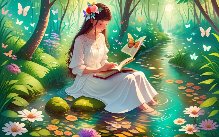 woman in white dress reading book by the water, a small river in the forest, flowers, butterflies, rainbow, half body, illustrat...