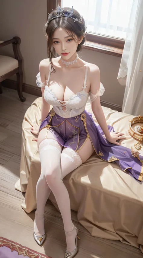 Arapefi, （Purple princess dress，1.5）， Look up at the camera， wearing high heels，Place your hands on your chest，Wear a crown，choker necklace，ssmile，Close up from above，next to a window, In the castle, Sense of transparency，（oversized boobs，1.5），Expose cleav...