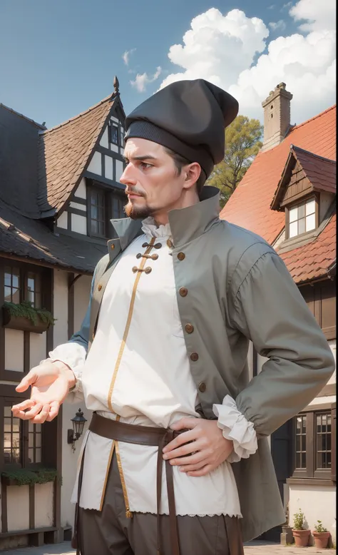 sailor, wearing a hat, North Europe people, correct anatomy of two hands, European, 16th century, renaissance, age of exploration, middle-aged, explaining things, passersby face, npc face, mediocre,Featureless, not impressive