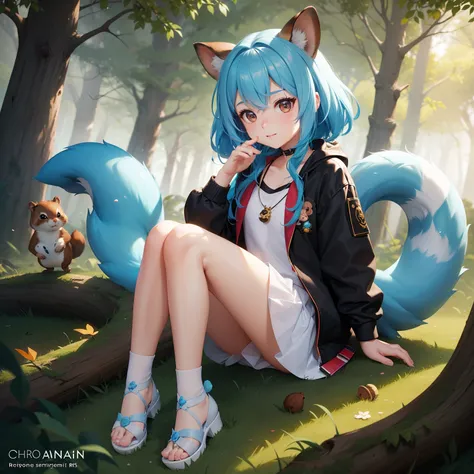 There is a small bear with an acorn in his hand,  There are also squirrels。There are also fawns。Chibichara　A cute girl with blue hair is also with me。It is a cute costume in white and blue。Dark eyes。cute forest creature, Adorable Digital Painting, cute det...