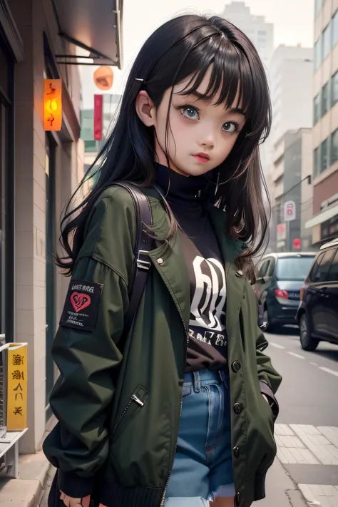 Cute girl about 16 years old、Casual attire such as a black or green jacket、Black hair and waist-length hair