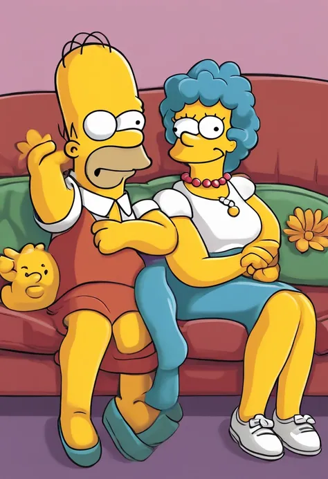 render a simpsons style cartoon woman and a simpsons style cartoon girl sitting on a couch, simpsons yellow faces, simpsons yellow arms and hands, simpsons girl holding simpsons woman sitting in front of her, girl putting her arms around woman sitting in f...